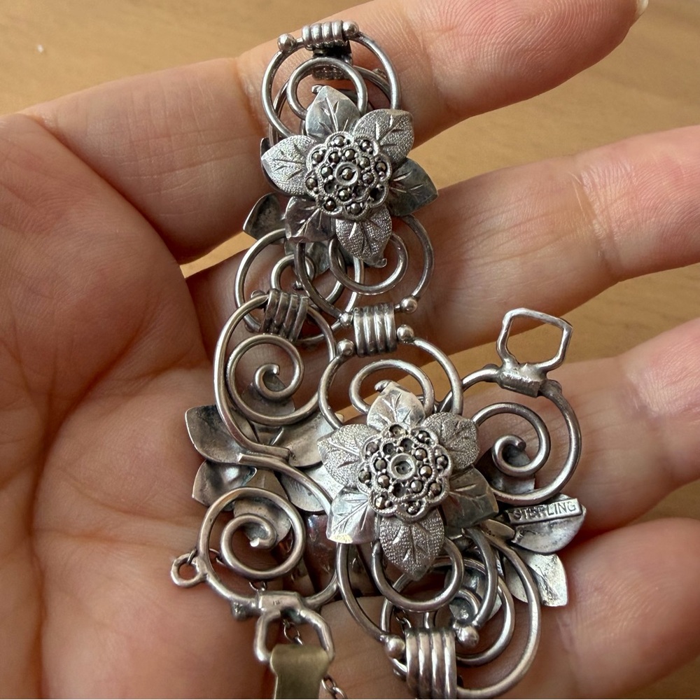 VINTAGE STERLING SILVER ORNATE FLORAL FLOWER MARCASITE BRACELET UNIQUE UNUSUAL - Picture 16 of 16